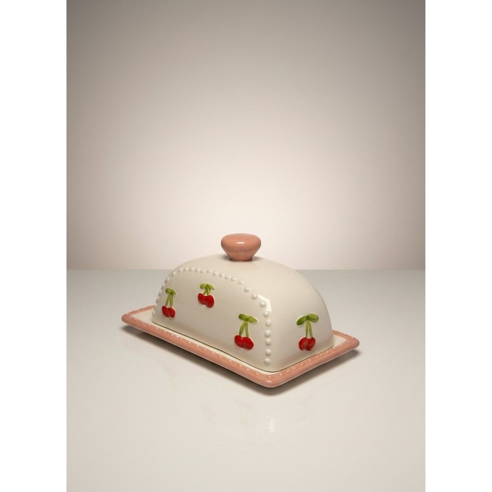 Vintage-Style Covered Ceramic Butter Dish w/ 3D Raised Cherry Detail & Pink Trim